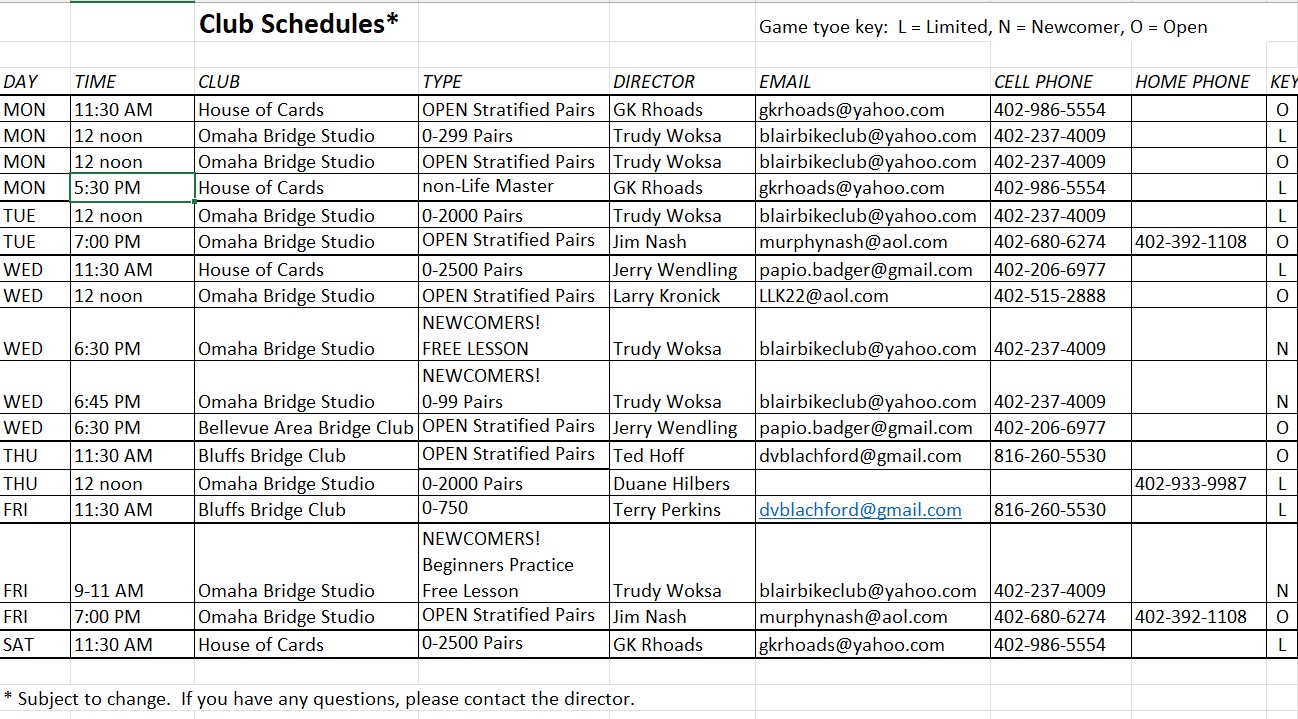 Club schedules